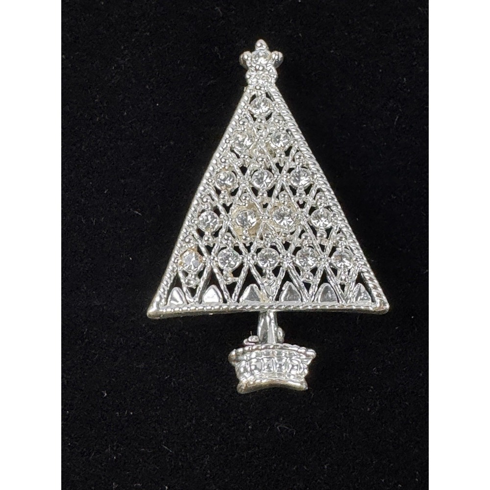 Eisenberg Ice Christmas Tree Pin Rhinestone Green Red Gold Tone Brooch